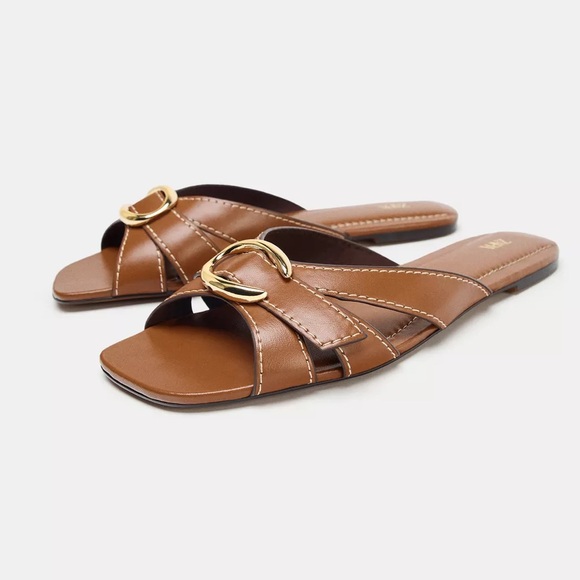 Zara NWT cognac brown leather flat sandals with gold buckle - Picture 1 of 5